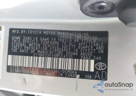 2005 Toyota Corolla Ce из США, поврежденный, VIN 2T1BR32E45C554535